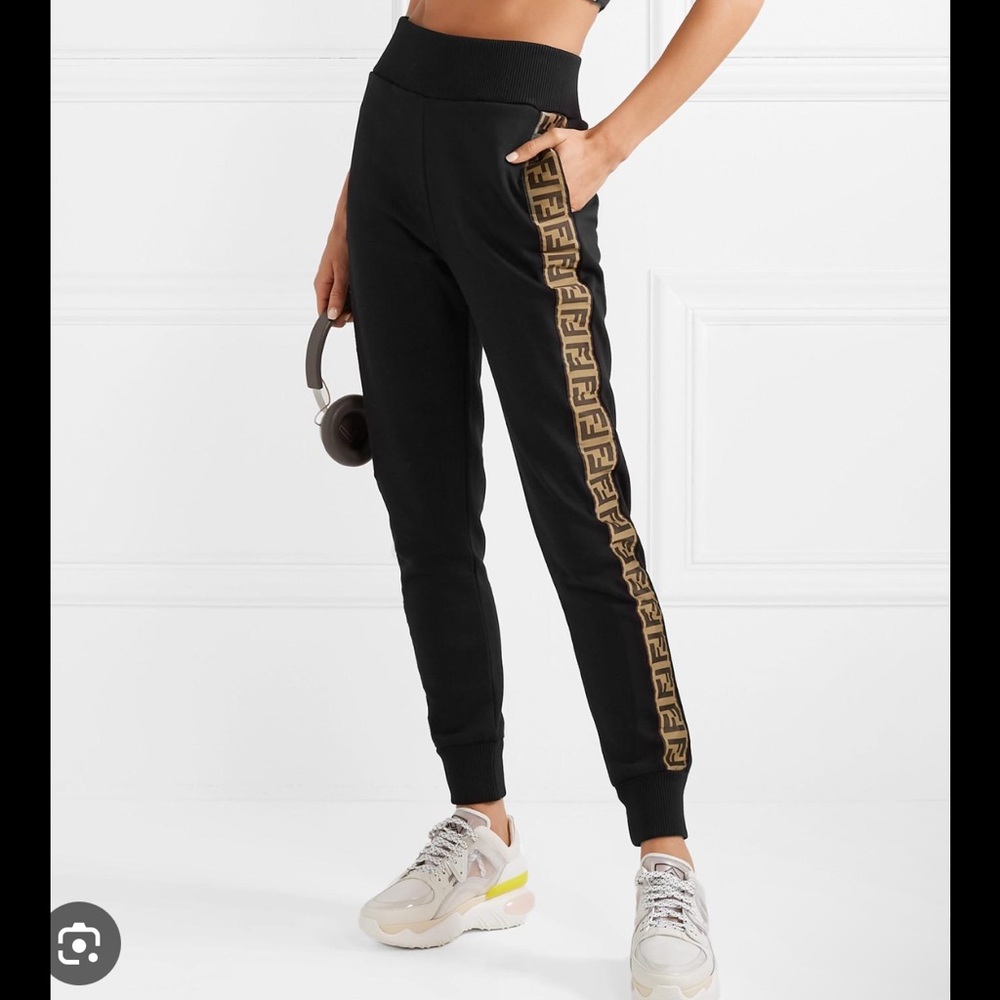 Fendi Black Joggers with Gold Logo Stripe